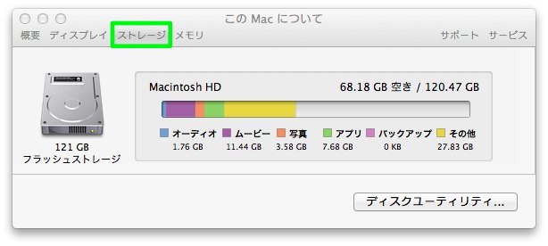 ストレージタブをクリックしてMacのディスク容量を確認する