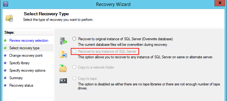 Recover to any instance of SQL Serverが選択できない