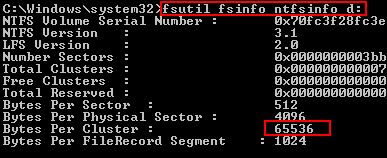 fsutil fsinfo ntfsinfo (ドライブ名)を管理者権限のコマンドプロンプトで入力する