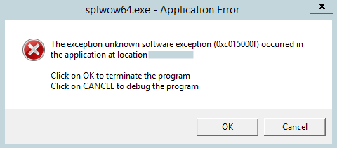 The exception unknown software exception (0xc015000f) occurred in the application at location