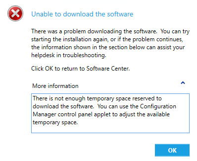 There is not enough temporary space reserved to download the software. You can use the Configuration Manager control panel applet to adjust the available temporary space.というエラーがでて，ソフトウェアがインストールできない。