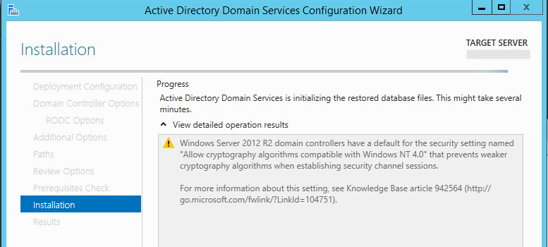 Active Directory Domain Services is initializing the restored database files. This might take several minutes.