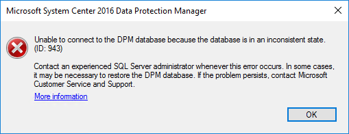 Unable to connect to the DPM database because the database is in an inconsistent state