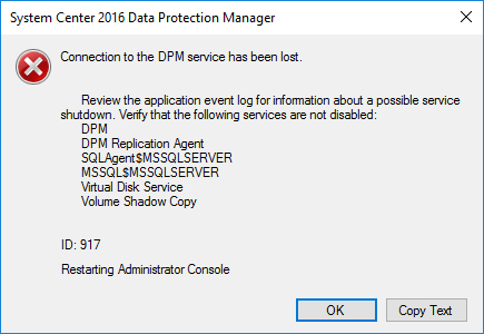 Connection to the DPM service has been lost