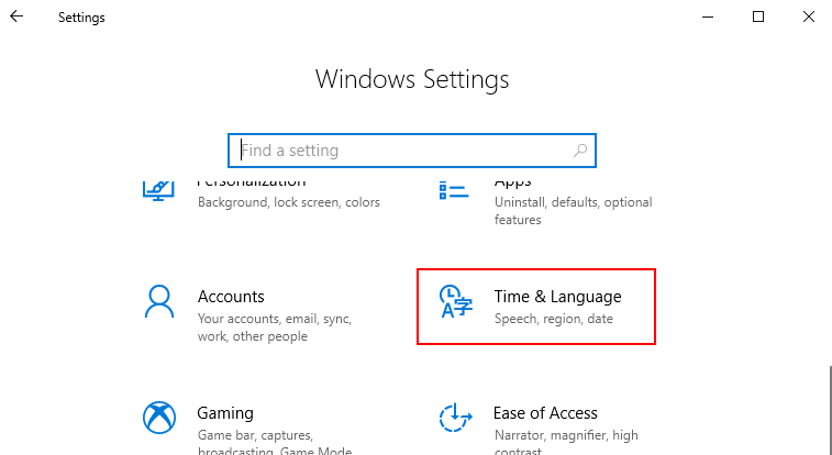Windowsの「設定」から，Time & Languageを選択する