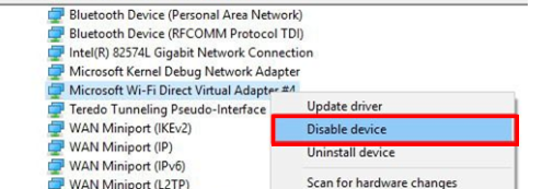 Microsoft Wi-Fi Direct Virtual Adapterを無効にする