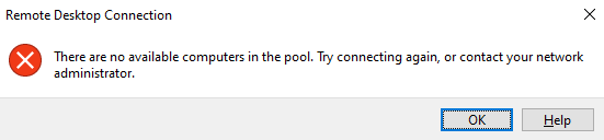 プール内に使用可能なコンピュータがありません。もう一度接続を試すか，ネットワーク管理者に問い合わせてください。